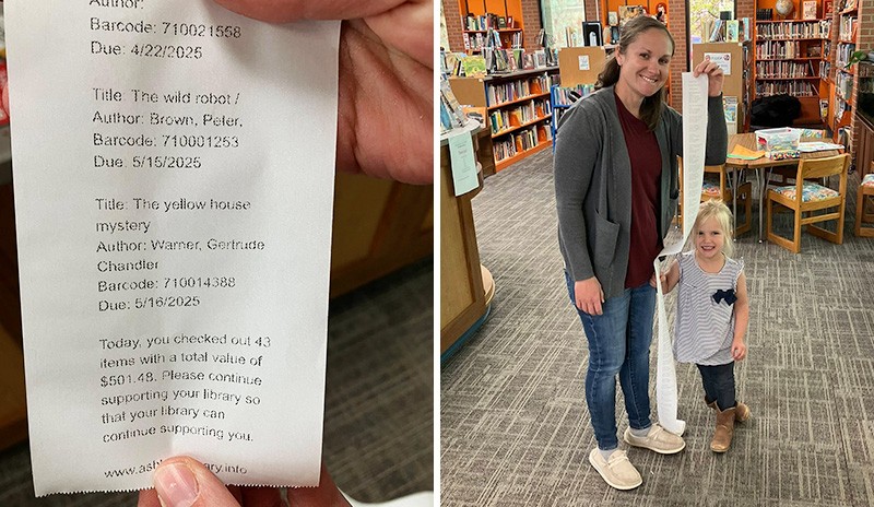 Photo of library user and checkout slip